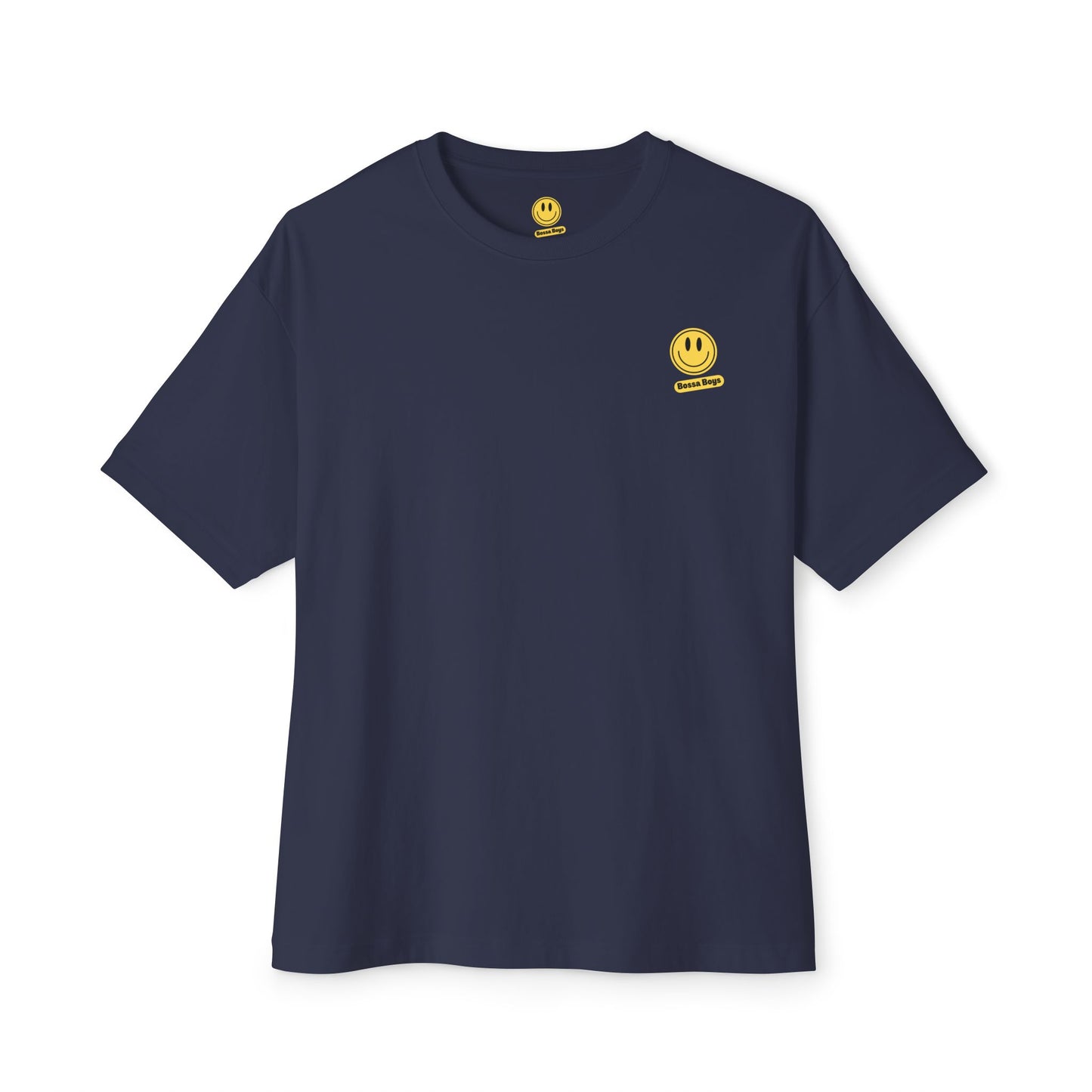 Navy oversized tee with yellow smiley face logo by I Don’t Wait. I Say Oi