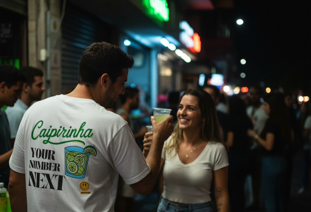 Couple enjoying Caipirinha cocktails at a lively night event