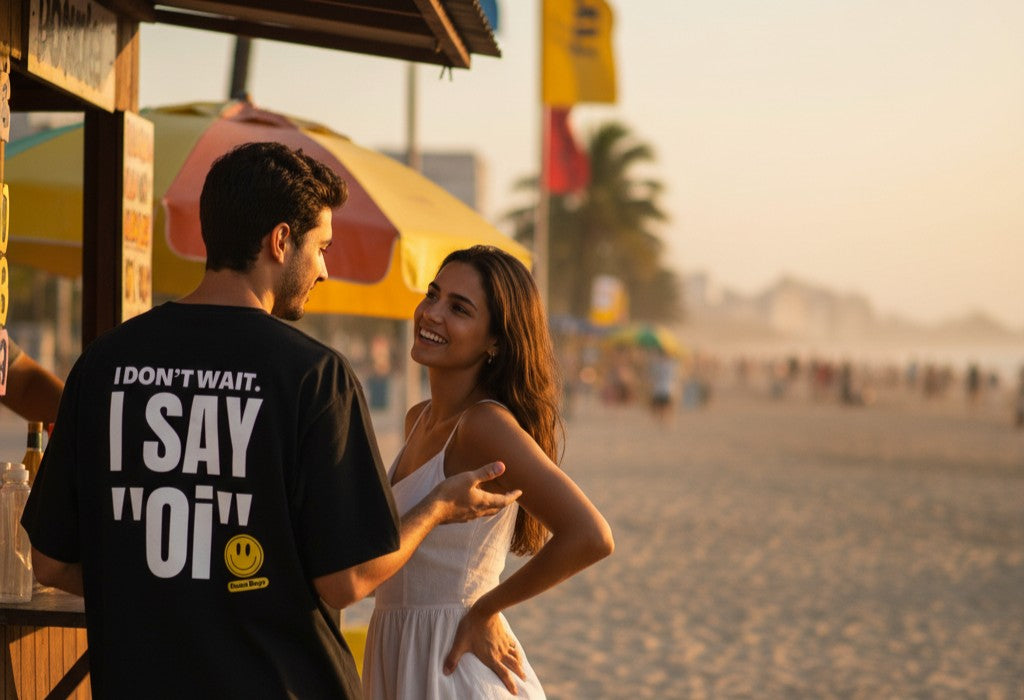 Man and woman at beach wearing I Don't Wait I Say Oi t-shirt