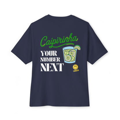 Navy oversized tee with Caipirinha graphic and drink illustration
