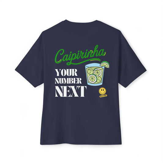 Navy oversized tee with Caipirinha graphic and drink illustration