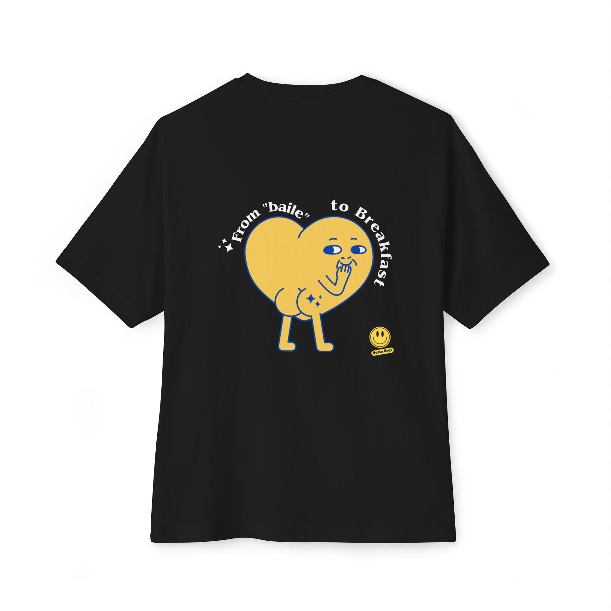 Black oversized tee with a heart graphic and the phrase 'From baile to Breakfast'