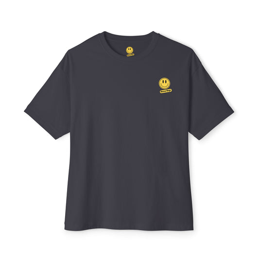 Dark grey oversized tee with a yellow smiley face logo on the front