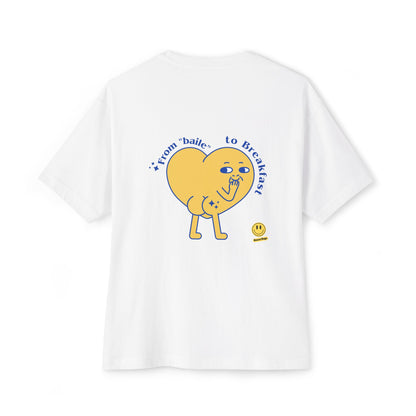 White oversized tee with 'From baile to Breakfast' smiley design by Printify