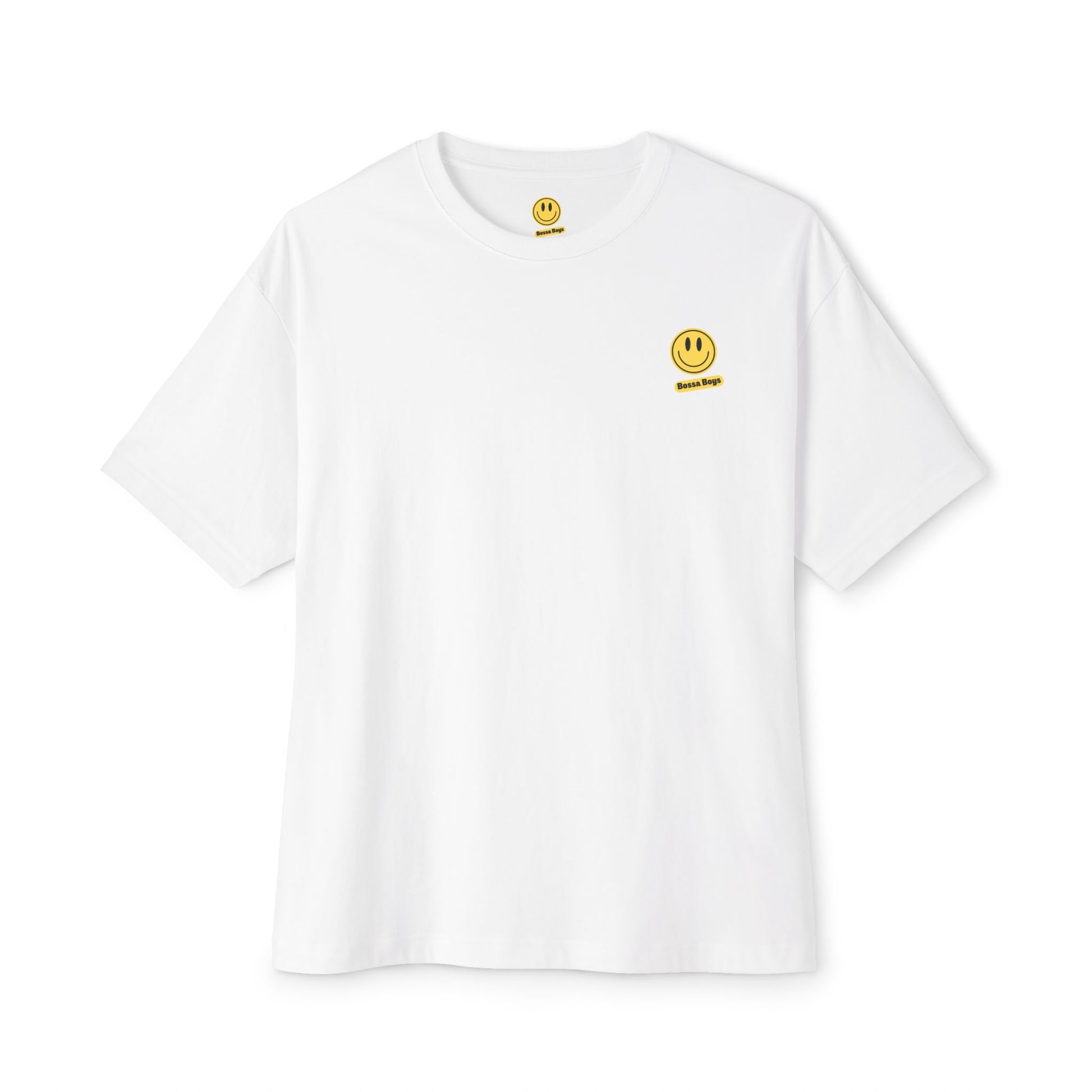 White oversized tee with a yellow smiley face design by Printify